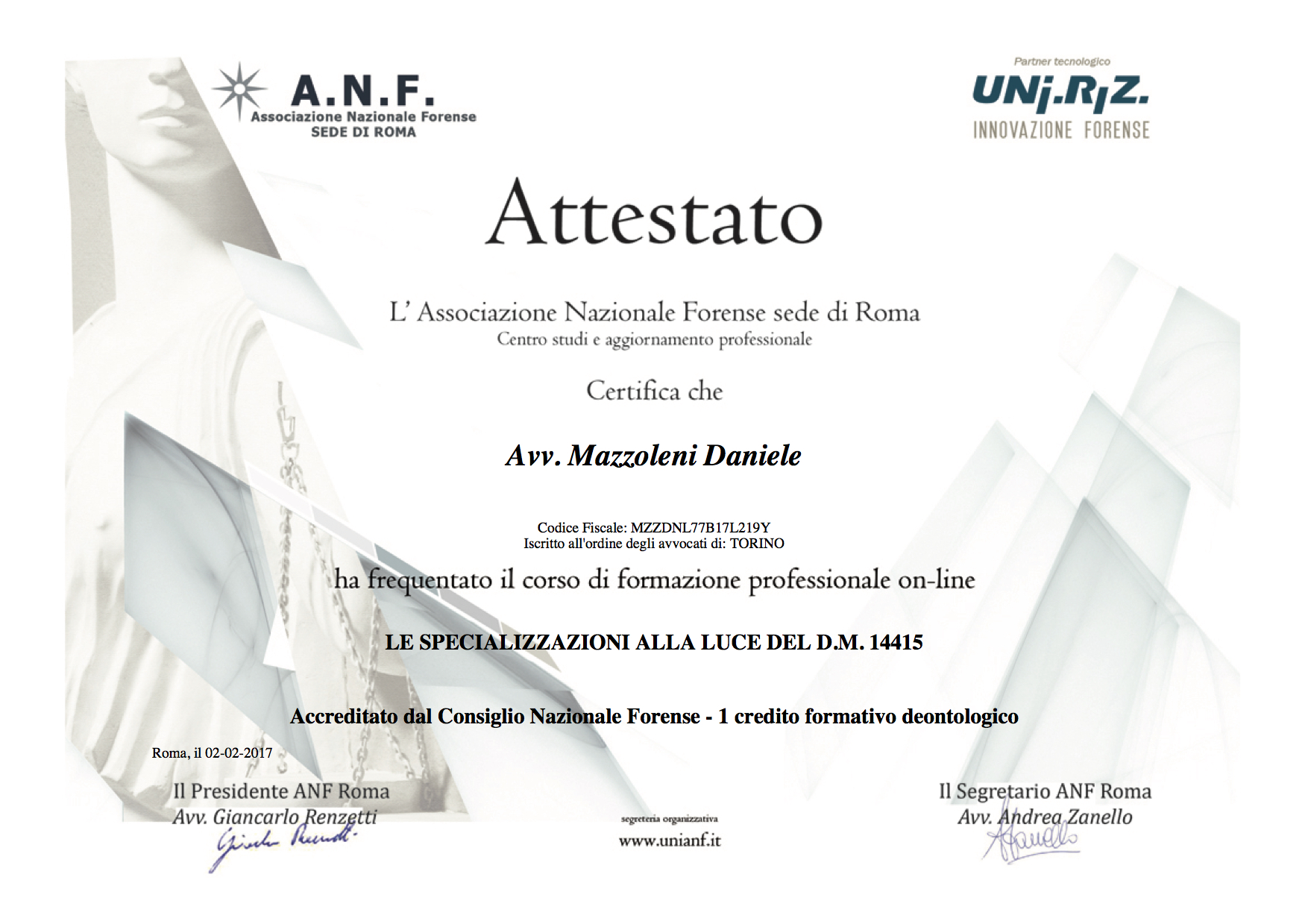 Attestato corso deontologia specializzazioni